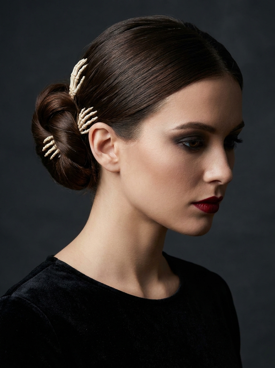 Glam Skeleton Bun als Halloween Frisuren für Frauen Inspiration 2026